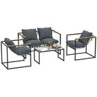Outsunny Set de mobilier de grădină format din 4 piese, Set de mobilier de exterior, 2 Fotolii, Canapea pentru 2 persoane, 1 Masă, cu perne, Oțel, Poliester, Gri | Aosom Romania