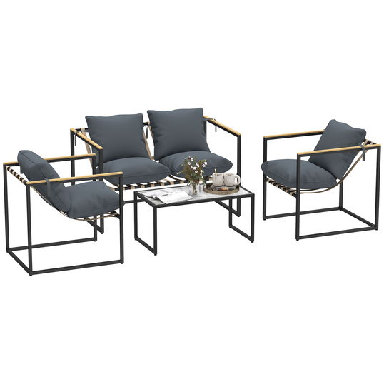 Outsunny Set de mobilier de grădină format din 4 piese, Set de mobilier de exterior, 2 Fotolii, Canapea pentru 2 persoane, 1 Masă, cu perne, Oțel, Poliester, Gri | Aosom Romania