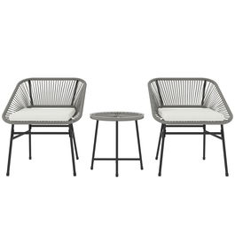 Outsunny Set de mobilier de exterior cu 3 piese, 1 masă, 2 scaune, Împletitură de ratan, Cadru din oțel, Masă de cafea cu blat de sticlă, Gri închis | Aosom Romania