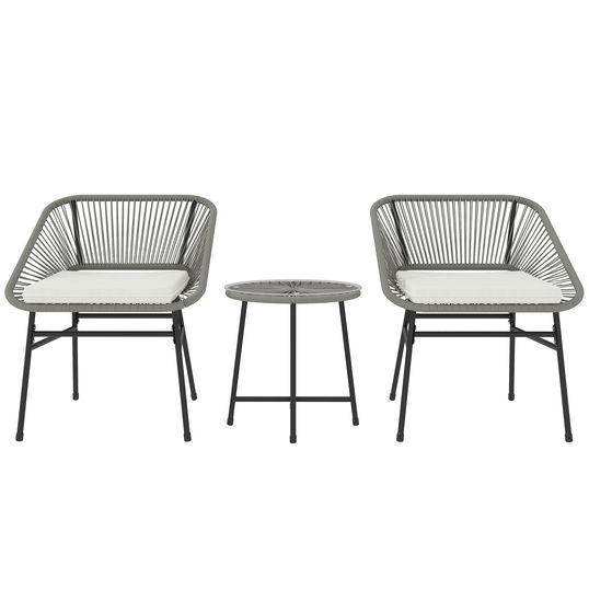 Outsunny Set de mobilier de exterior cu 3 piese, 1 masă, 2 scaune, Împletitură de ratan, Cadru din oțel, Masă de cafea cu blat de sticlă, Gri închis | Aosom Romania