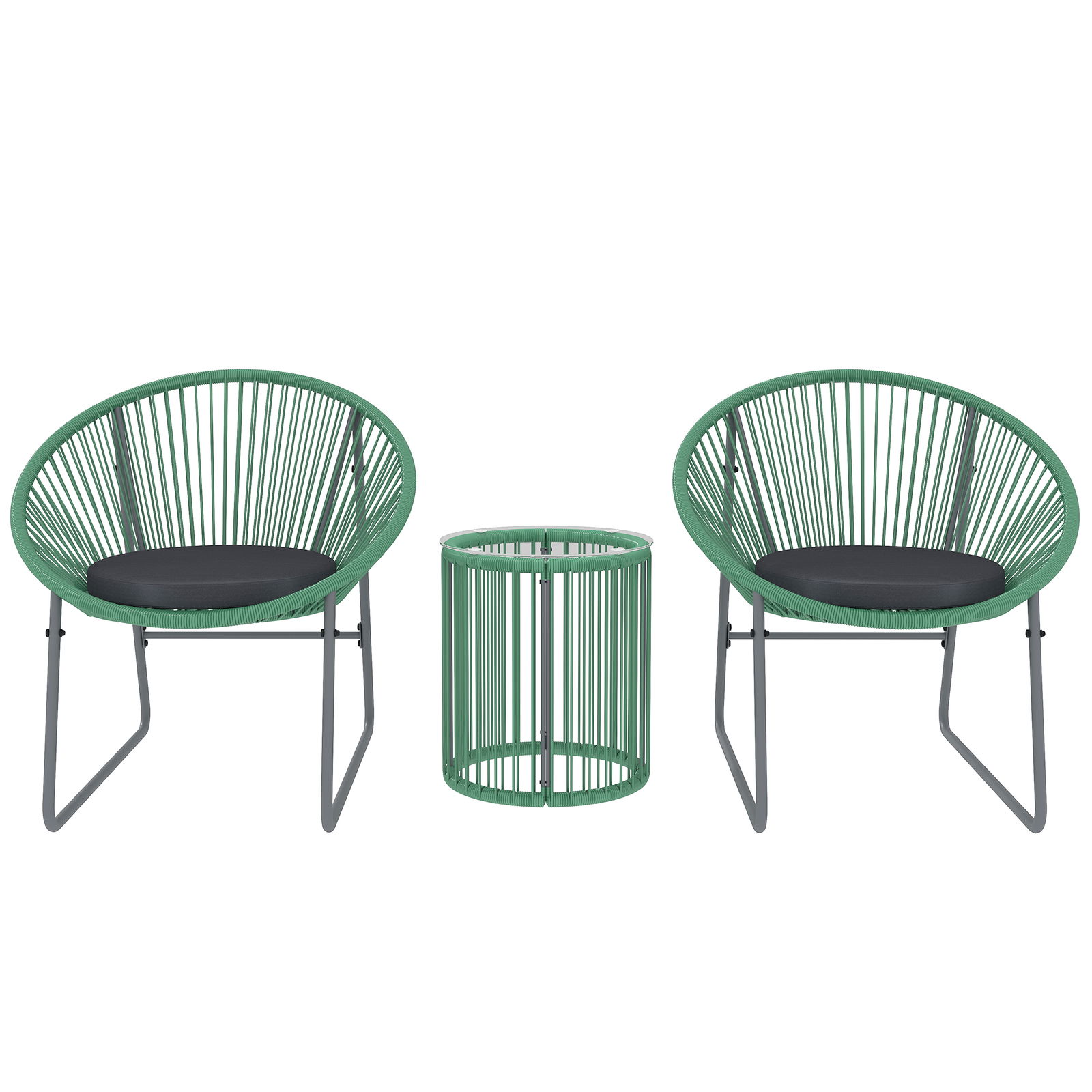 Outsunny Set de mobilier de exterior cu 3 piese, 1 masă, 2 scaune, placă de masă din sticlă, poliratan plastic înfășurat în cadre de oțel, perne moi, Verde | Aosom Romania