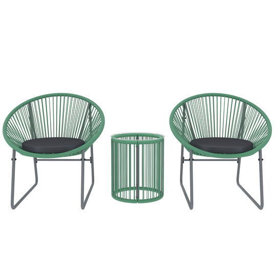 Outsunny Set de mobilier de exterior cu 3 piese, 1 masă, 2 scaune, placă de masă din sticlă, poliratan plastic înfășurat în cadre de oțel, perne moi, Verde | Aosom Romania