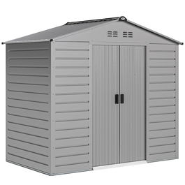 Outsunny Depozit pentru unelte de 2,43 ㎡, 213 x 131 x 192 cm, cu acoperiș în două ape, ușă glisantă blocabilă, rezistent la intemperii, Gri | Aosom Romania