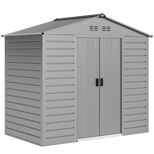 Outsunny Depozit pentru unelte de 2,43 ㎡, 213 x 131 x 192 cm, cu acoperiș în două ape, ușă glisantă blocabilă, rezistent la intemperii, Gri | Aosom Romania