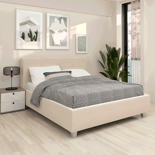 Oferta Pat tapitat ARISA, 140x200, suport saltea, catifea Bej cu saltea inclusa