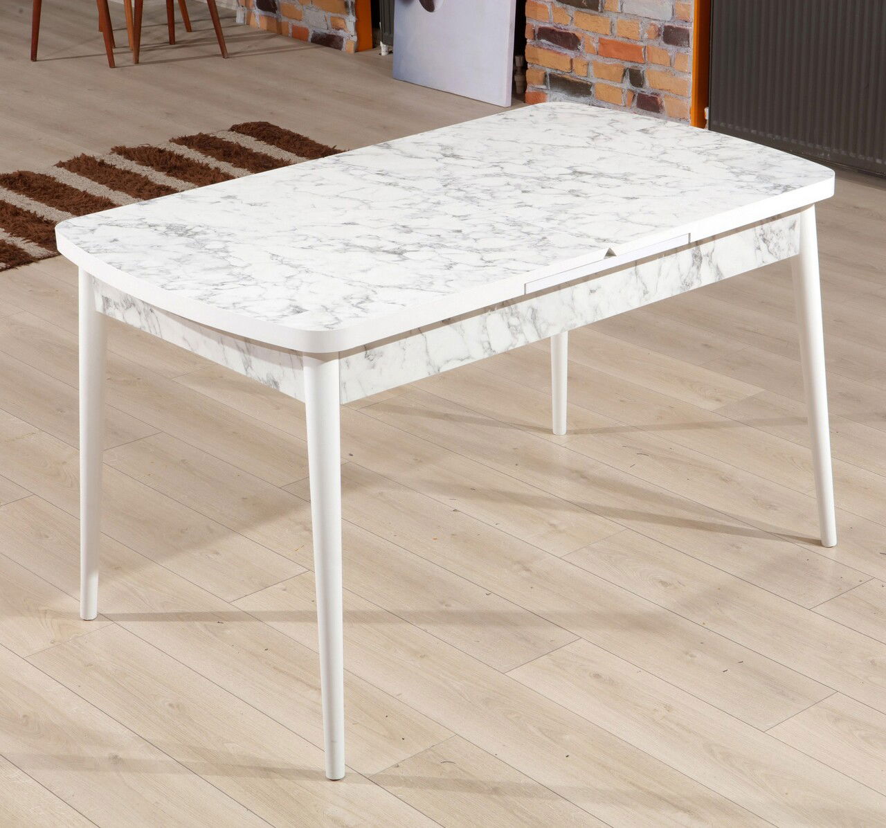 Masa de sufragerie extensibila, Beckley, Carrara, 132x79x76.5 cm, Alb/Gri