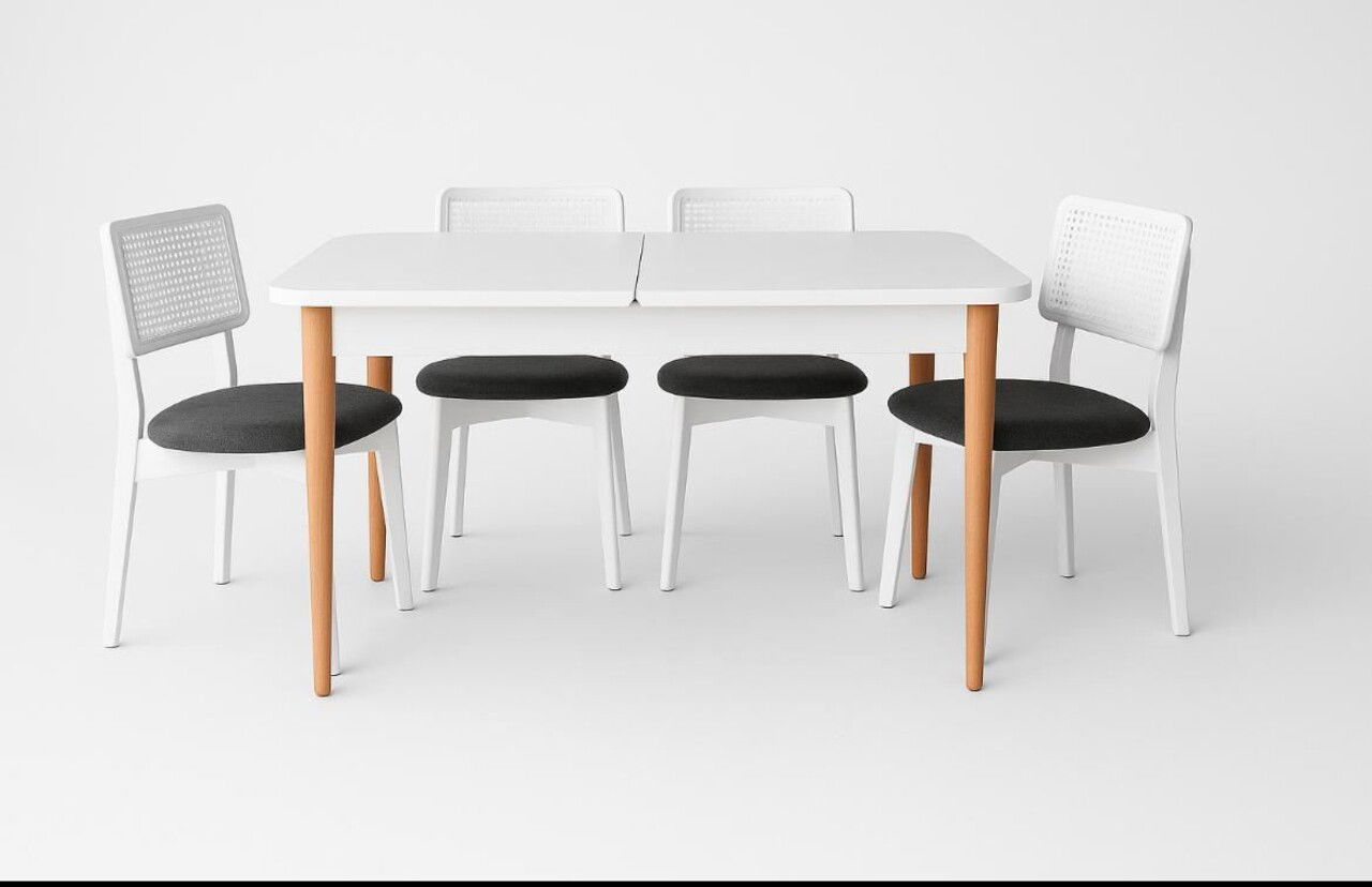 Set masă și scaune extensibile (5 bucăți), Fairfax, Lina, Alb lemn / Negru