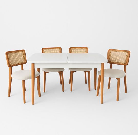 Set masă și scaune extensibile (5 bucăți), Fairfax, Natura, Alb lemn / Stejar