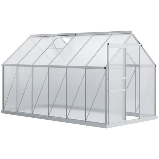 Outsunny Seră de Grădină din Policarbonat 7,1 m² dim. 1,9L x 3,75l x 1,99 m cu Fundație, Fereastră de Ventilație Reglabilă, Ușă Glisantă - Argintiu și Transparent | Aosom Romania
