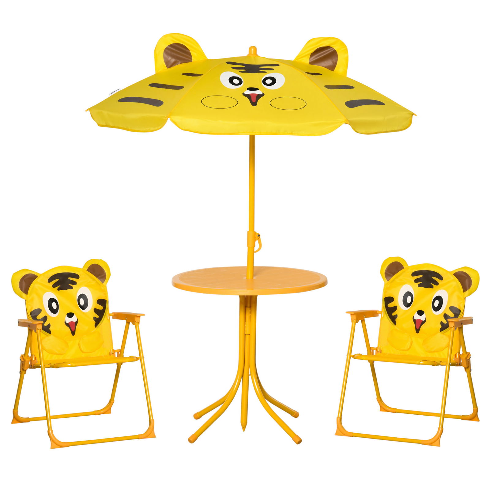 Outsunny Set Mobilier Grădină Copii 4 piese Design Tigrul: Masă rotundă, 2 scaune pliante, umbrelă, metal epoxid galben | Aosom Romania