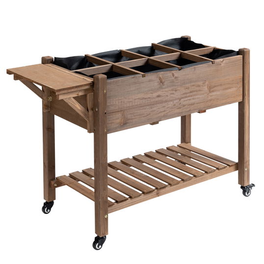 Outsunny Jardinieră pe Picior - Carré potager cu roți - raft, Tavă Rabatabilă, Inserturi de Irigare, Fâș de Drenaj Inclus - Lemn Brad pre-uleiuit | Aosom Romania