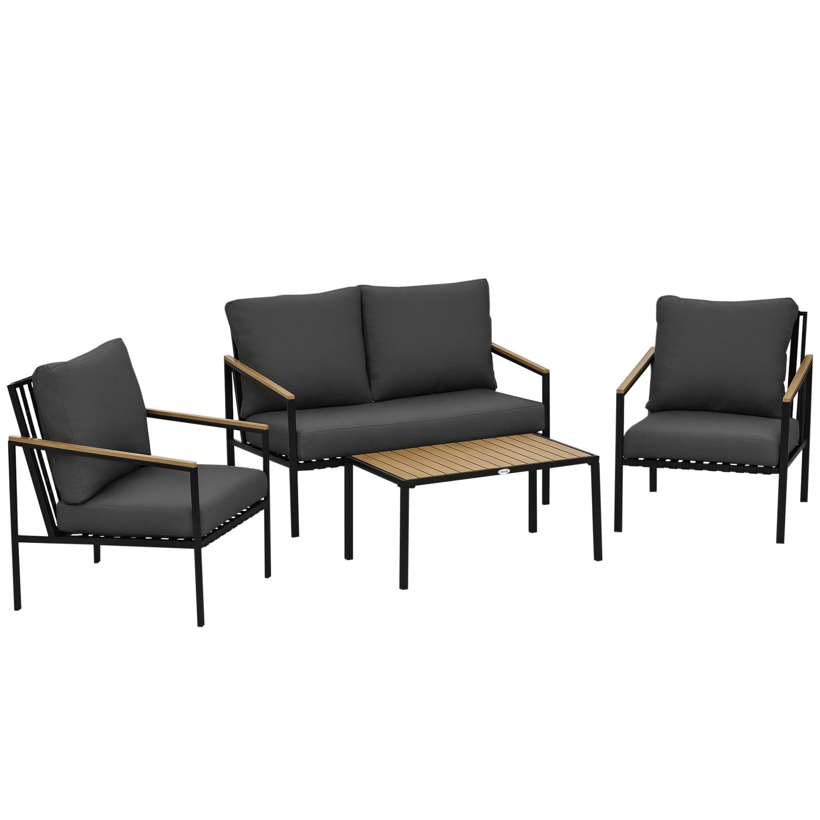 Outsunny Set mobilier de grădină 4 piese 4 persoane cu canapea cu 2 locuri fotolii și masă de cafea 8 perne negru gri închis | Aosom Romania