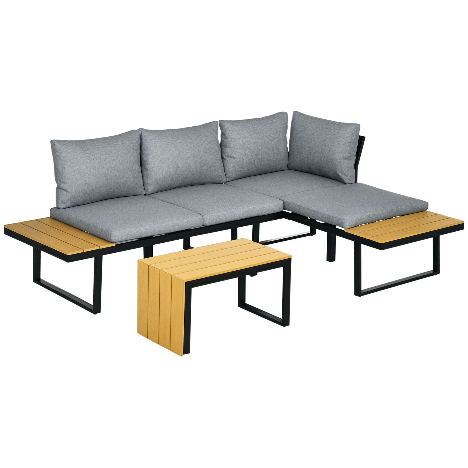 Outsunny Set de Mobilier de Grădină pentru 3 Persoane cu Perne de Ședere, Cadru din Aluminiu, Aspect de Lemn, Gri închis+Natur | Aosom Romania