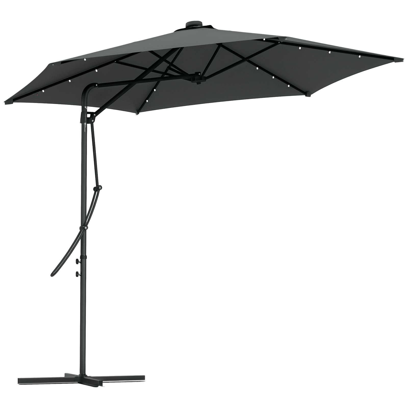 Outsunny Umbrelă Excentrică de 3 m cu Lumini LED cu Manivelă și Bază în Cruce pentru Exterior Patio Terasă Gri Închis | Aosom Romania