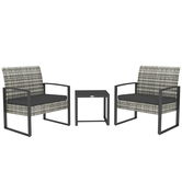 Outsunny Salon de jardin 3 piese 2 scaune cu perne + masă de cafea cu blat din sticlă securizată rășină tressée gri deschis | Aosom Romania