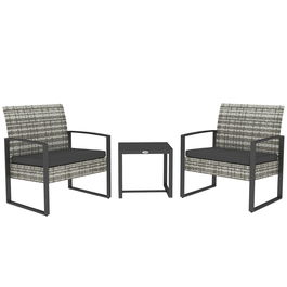 Outsunny Salon de jardin 3 piese 2 scaune cu perne + masă de cafea cu blat din sticlă securizată rășină tressée gri deschis | Aosom Romania