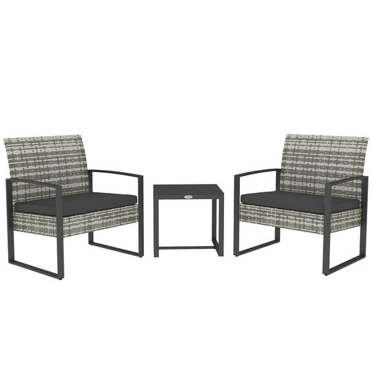 Outsunny Salon de jardin 3 piese 2 scaune cu perne + masă de cafea cu blat din sticlă securizată rășină tressée gri deschis | Aosom Romania