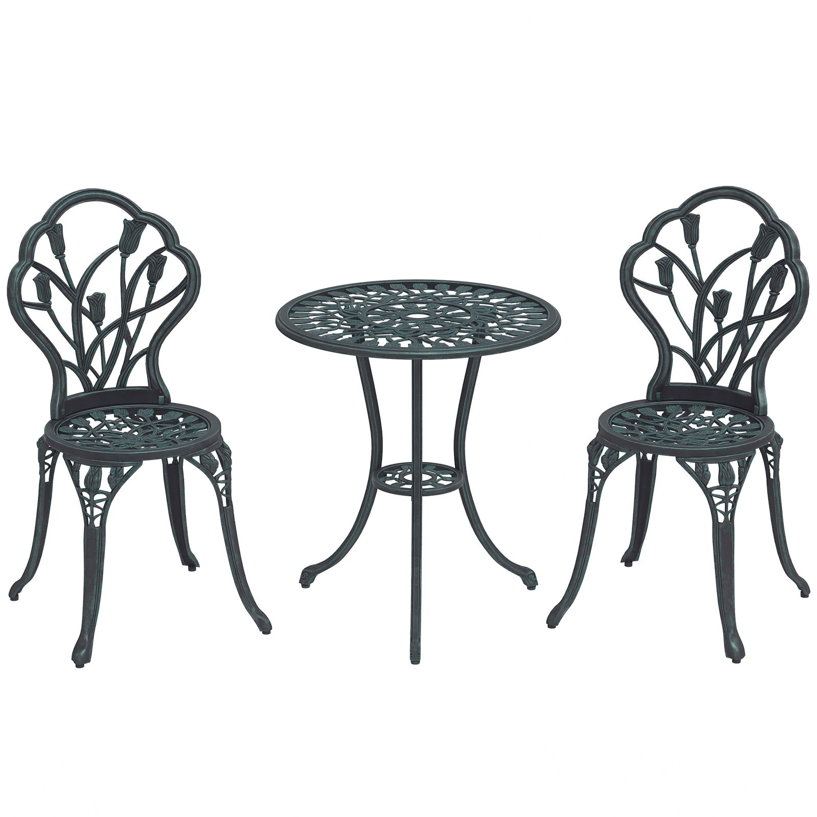 Outsunny Set Mobilier de Grădină 2 Locuri 2 Scaune + Masă Rotundă Fontă de Aluminiu Imitație Fier Forjat Verde | Aosom Romania