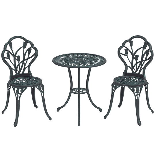 Outsunny Set Mobilier de Grădină 2 Locuri 2 Scaune + Masă Rotundă Fontă de Aluminiu Imitație Fier Forjat Verde | Aosom Romania