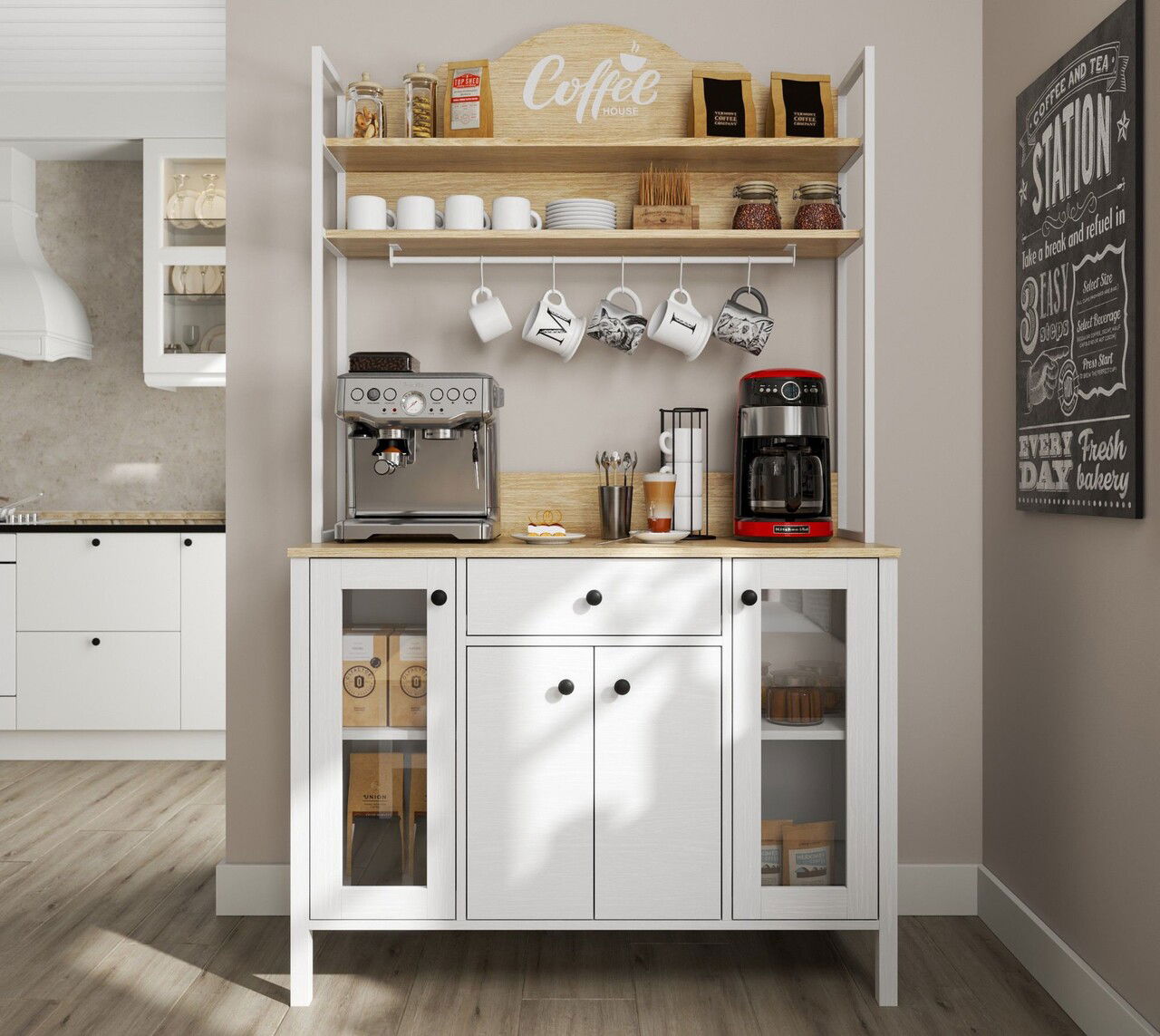 Dulap de bar pentru cafea, Cordelia, FRN-20075-1, 120x210x50 cm, PAL, Maro/Alb