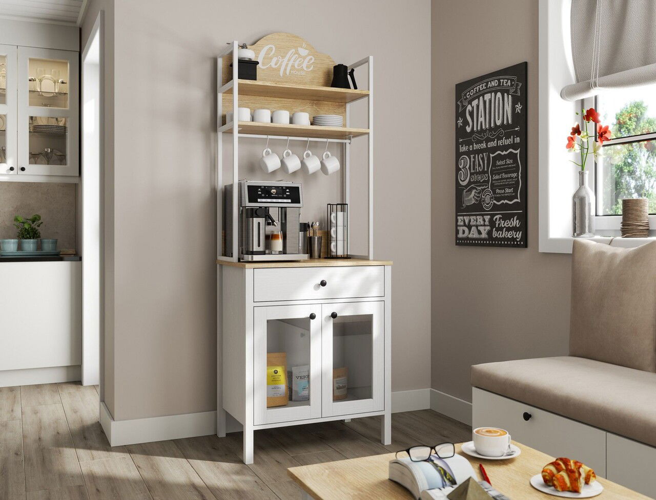 Dulap de bar pentru cafea, Cordelia, FRN-20076-1, 75x210x50 cm, PAL, Maro/Alb