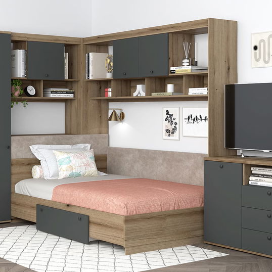 Oferta Dormitor colt AMBRO 11, cu comoda, Stejar, Antracit cu saltea inclusa