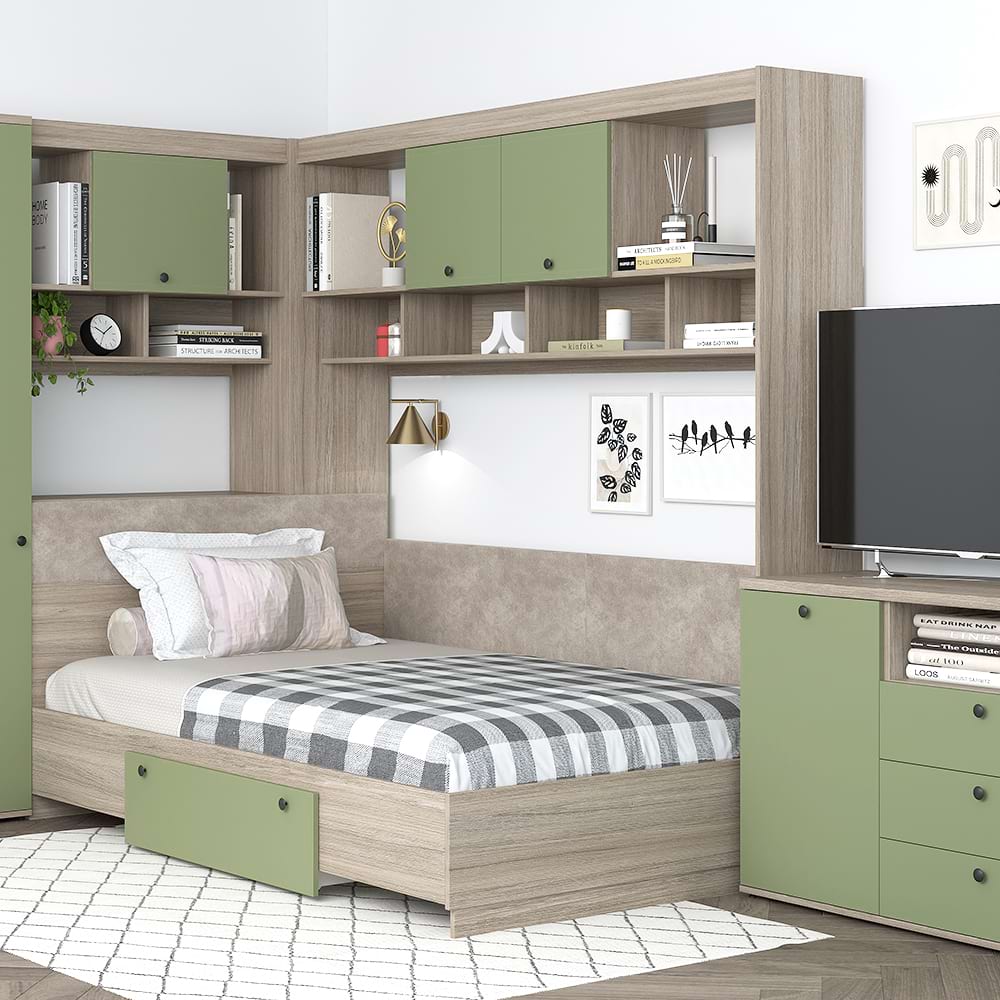 Oferta Dormitor colt AMBRO 11 cu comoda, Oak, Pesto cu saltea inclusa