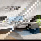 Oferta Pat tapitat copii GEORGIA Clasic, 90x200, H107, somiera, Catifea Albastra cu saltea inclusa