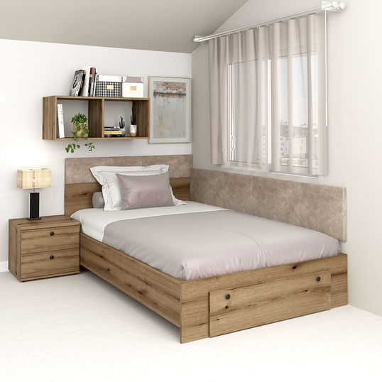 Oferta Pat colt de o persoana AMBRO, 120x200, sertar frontal, Stejar cu saltea si noptiera inclusa