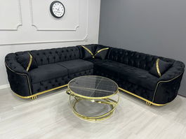 Colțar fix Luxury Velvet Black & Gold personalizabil pe culori, masa de cafea nu eate incusa in pret