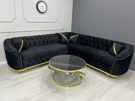 Colțar fix Luxury Velvet Black & Gold personalizabil pe culori, masa de cafea nu eate incusa in pret