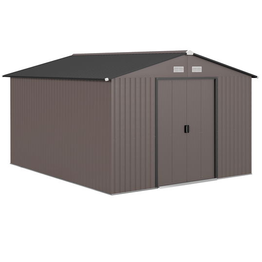 Outsunny Magazie de Grădină 8.3m² din Oțel Zincat, Uși Duble Glisante, 277x322x192 cm, Maro | Aosom Romania