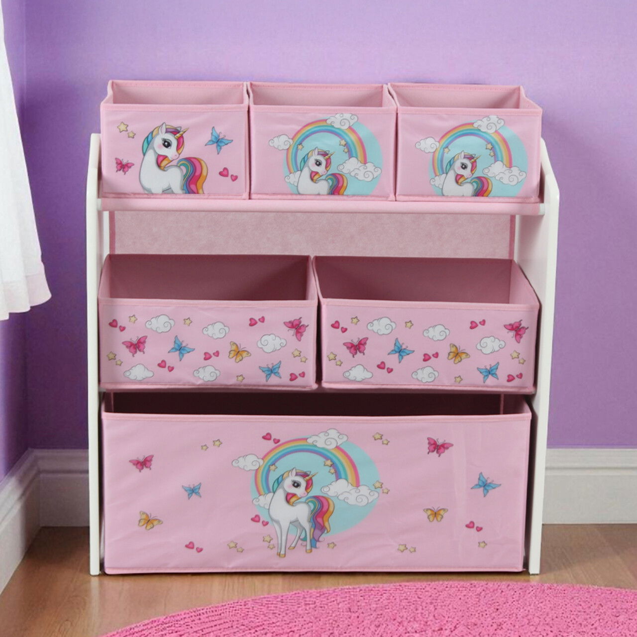 Organizator jucarii / mobilier camera copilului Unicorns, U-Grow, 63x30x60 cm, lemn de pin/textil, roz