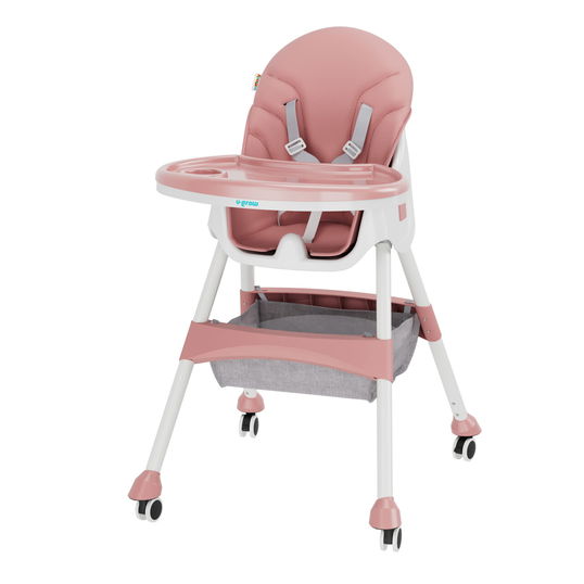 Scaun de masa pentru bebelusi 2 in 1, U-Grow, 44x27x50.5 cm, piele ecologica/textil, alb/roz