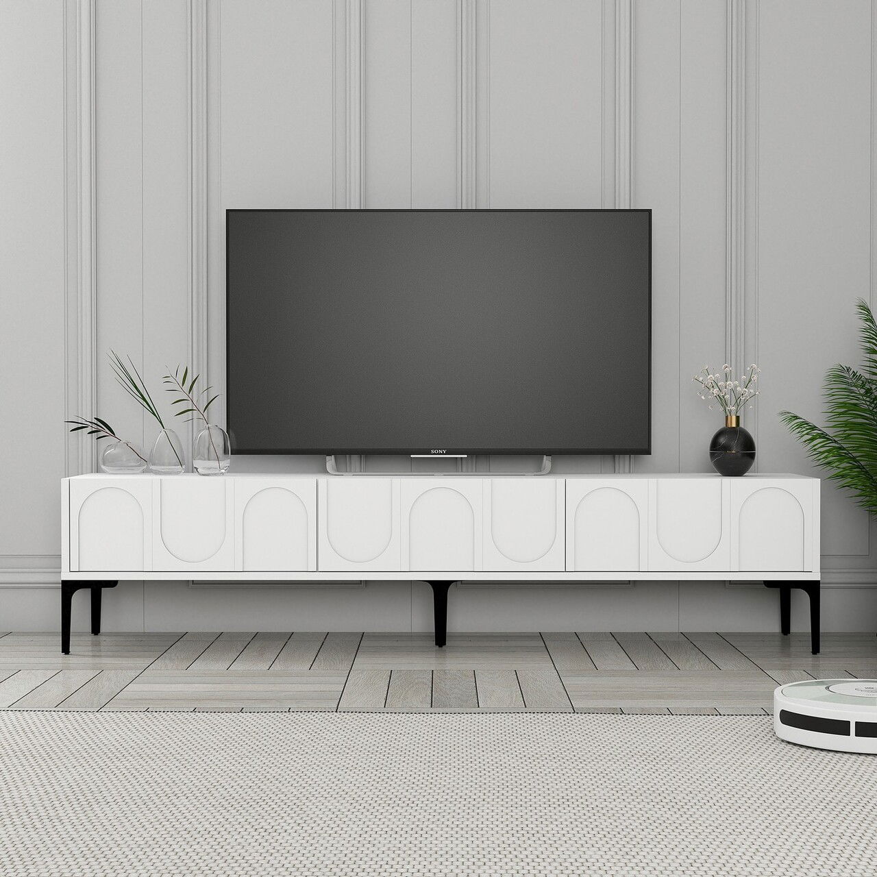 Comoda TV, Hommy Craft, Lyon 42, 180x42x35 cm, PAL, Alb/Negru
