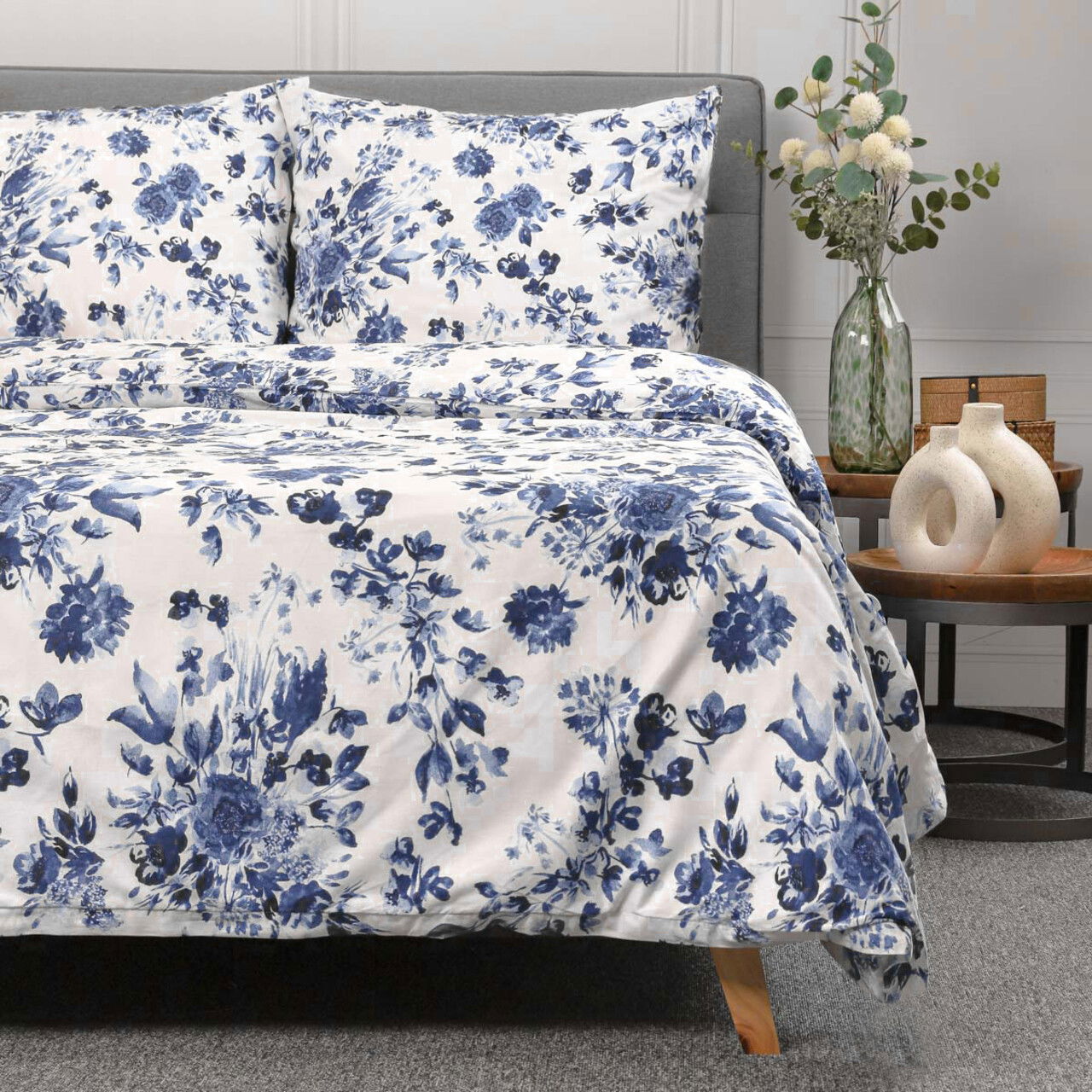 Lenjerie de pat King Size, Sorli, Homla, 3 piese, 200x220 cm, bumbac, alb/albastru