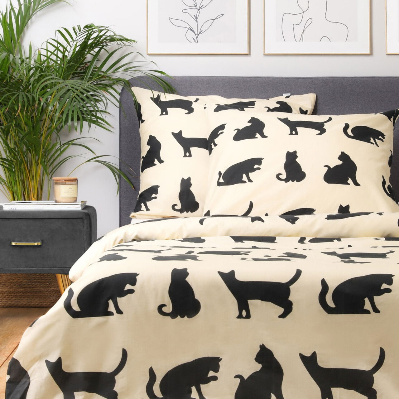 Lenjerie de pat dubla Poes, Homla, 3 piese, 160x200 cm, bumbac, bej/negru