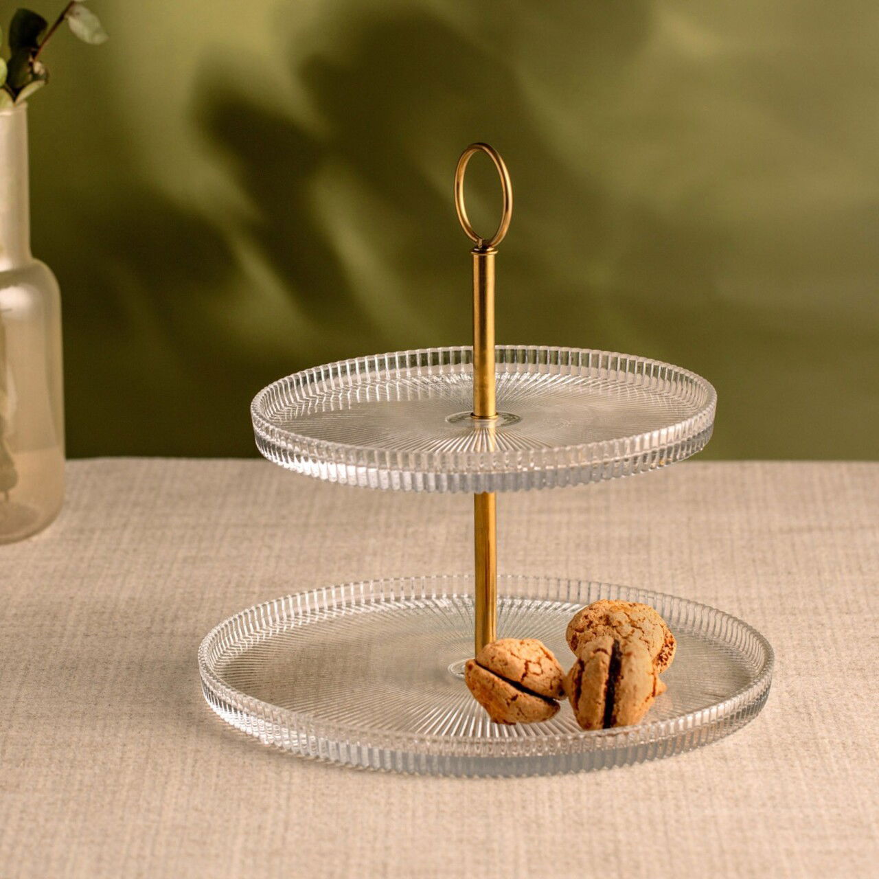 Platou etajat pentru prajituri Lynn, Homla, 19.5/23x25 cm, sticla/inox, auriu/transparent