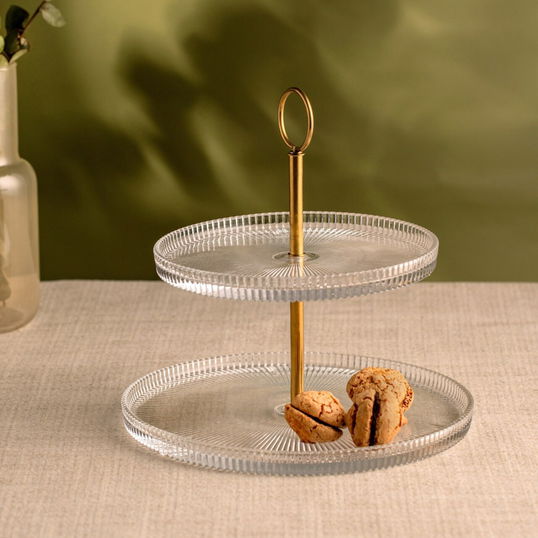 Platou etajat pentru prajituri Lynn, Homla, 19.5/23x25 cm, sticla/inox, auriu/transparent