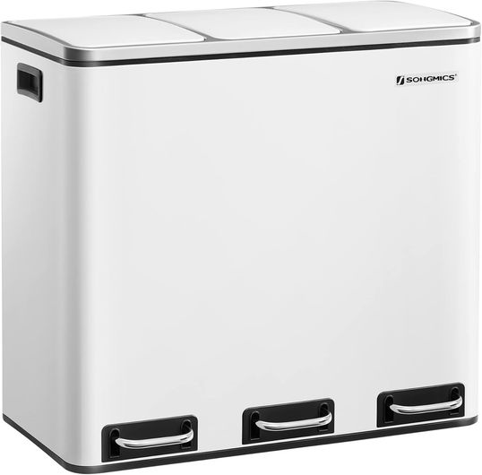 Cos de reciclare cu 3 compartimente, Songmics, 3 x 18 L, 61x31.5x56 cm, inox/polipropilena, alb