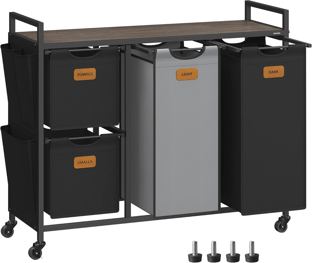 Cos de rufe cu 4 compartimente si roti, Vasagle, 150 L, 98.6x33x80.5 cm, otel/PAL/tesatura Oxford, negru/gri