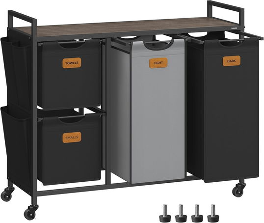 Cos de rufe cu 4 compartimente si roti, Vasagle, 150 L, 98.6x33x80.5 cm, otel/PAL/tesatura Oxford, negru/gri