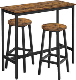 Set masa de bar si 2 scaune, Vasagle, 100x40x90 cm / 32x32x65 cm, PAL/otel, maro rustic