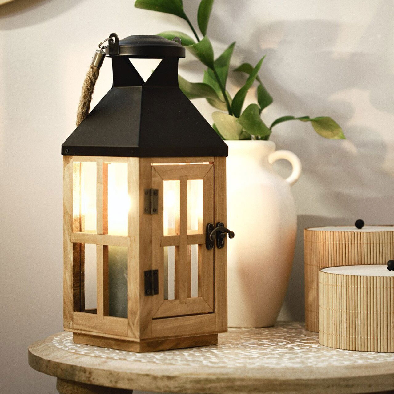 Felinar Burel, Homla, 12x12x31 cm, lemn/sticla, natur/negru