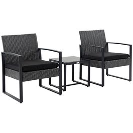 Outsunny Salon de jardin 2 locuri 3 piese 2 scaune cu perne + masă de cafea blat sticlă securizată rășină tressée 4 fire imitație de răchită gri | Aosom Romania