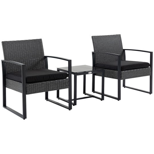 Outsunny Salon de jardin 2 locuri 3 piese 2 scaune cu perne + masă de cafea blat sticlă securizată rășină tressée 4 fire imitație de răchită gri | Aosom Romania
