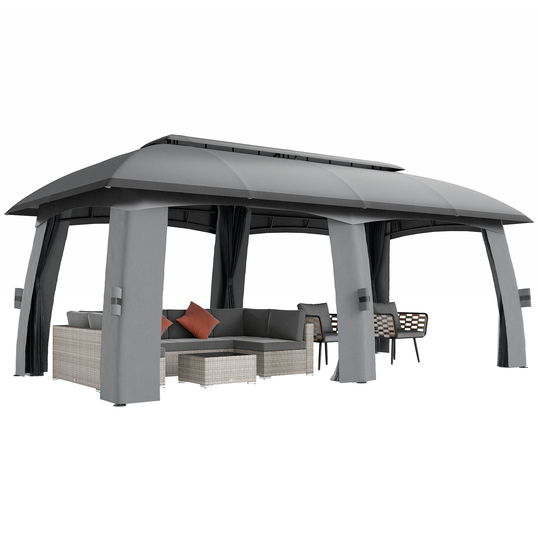 Outsunny Pavilion, Cort de petreceri, cu plase anti-insecte, plafon rezistent la vânt, pentru până la 15 persoane, gri închis, 3 x 6 x 3 m | Aosom Romania