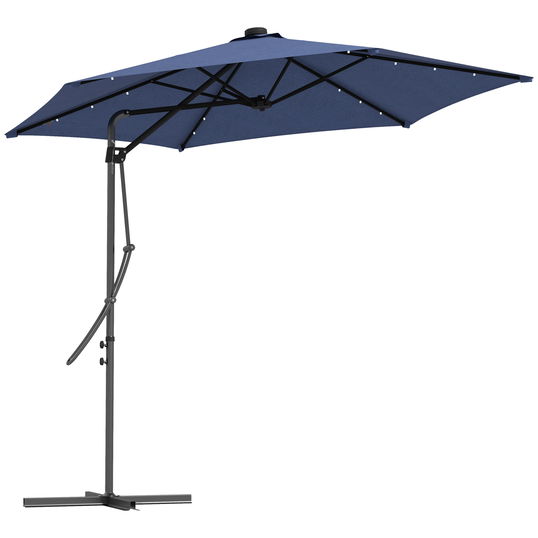 Outsunny Umbrelă de grădină, Umbrelă cu braț, LED-uri, Modul solar, rezistent la intemperii, inclusiv husă de protecție, Ø290 x 260 cm, Albastru închis | Aosom Romania
