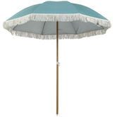 Outsunny Umbrelă de plajă mâner efect lemn Ø 1,7 m, umbrelă mare cu ciucuri înălțime reglabilă, UPF50+ sac de transport, bleu deschis | Aosom Romania