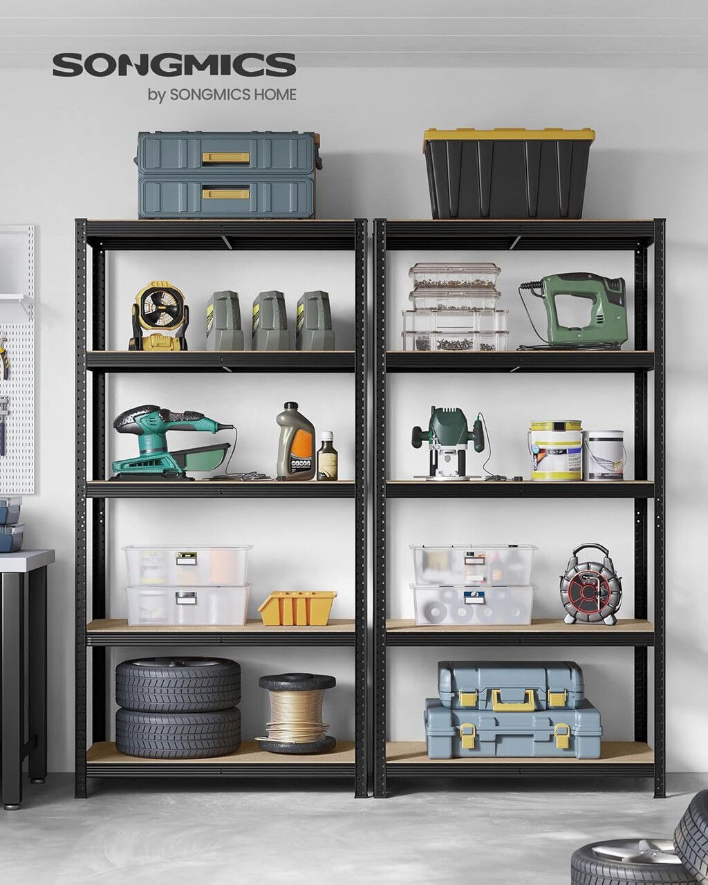 Set 2 rafturi modulare pentru depozitare, Songmics, max 600 kg, 100x50x200 cm, MDF/otel, negru